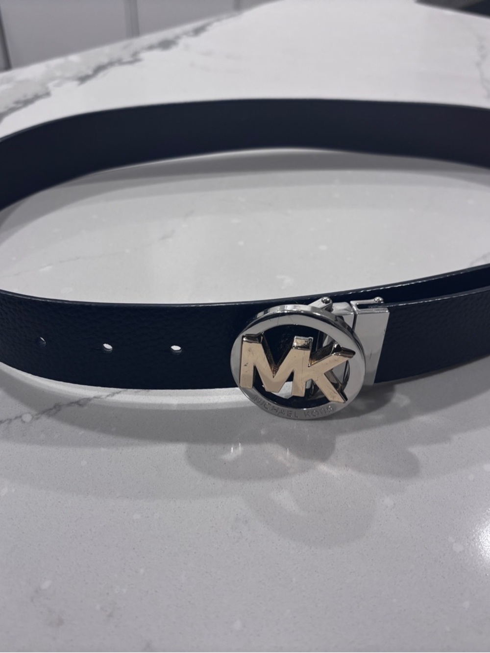 Michael Kors Black Leather Belt with Silver MK Round Buckle